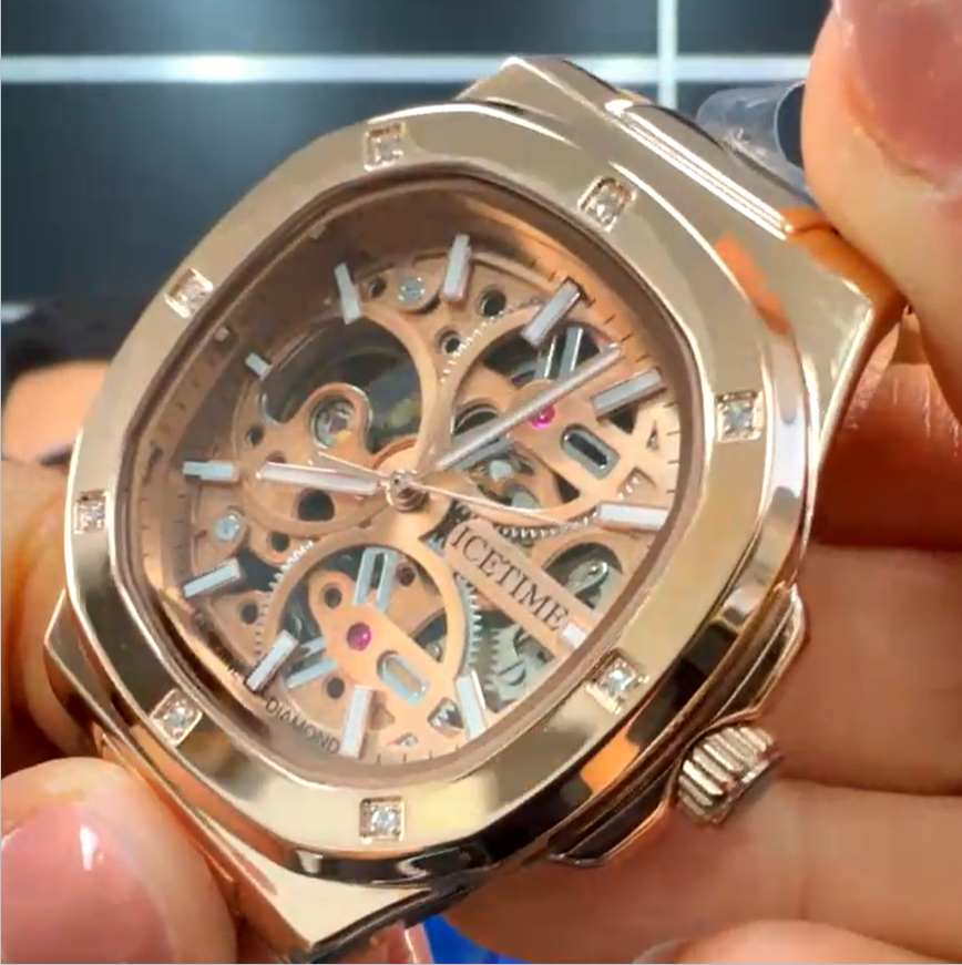 IceTime 43mm Skeleton Rose Gold Steel Men's Watch 0.10ct Diamond